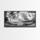 Tropical Coast, Palm Beach, Island View, Cloudy Sky, Framed Canvas Print, Coastal Living Room Art, Beach Wall Decor, Summer Style