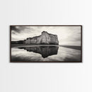 Cliff Reflection, Coastal Monolith, Seashore Beauty, Sunset Vibes, Framed Canvas Print, Living Room Art, Minimalist Beach Scene