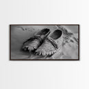 Moccasins in Sand, Rustic Footwear Art, Cultural Detail Photo, Framed Canvas Print, Boho Entryway Wall Decor, Western Minimalist