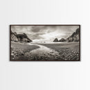 Coastal Pebble Beach, Pacific Shoreline, Serene Nature Landscape, Framed Canvas Print, Neutral Bedroom or Fall Living Room Wall Art