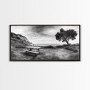 Picnic Table View, Coastal Meadow Scene, Tree and Cliff Horizon, Framed Canvas Print, Relaxing Kitchen or Outdoor Patio Wall Art