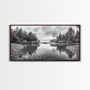 Forest Shoreline, Pebble Beach, Misty Inlet, Calm Waters, Canvas Print, natural modern art, neutral palette, living room wall decor