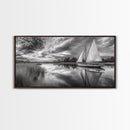 Sailboat Reflection, Tranquil River, Nautical Scene, Black White, Framed Canvas Print, Coastal Decor, Beach House Wall Art, Ocean Minimalism