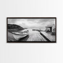 Rowboat Dock, Harbor Scene, Calm Waters, Quiet Morning, Framed Canvas Print, Lakeside Cabin Wall Art, Rustic Nautical Decor, Cabin Decor