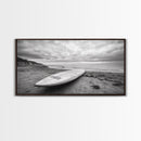 Surfboard, Coastal Shore, Serene Beach, Cloudy Sky, Framed Canvas Print, surfer room decor, rustic beach wall art, neutral home style