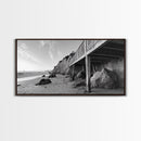 Coastal Cliff View, Seaside Escape, Beachside Structure, Framed Canvas Print, Rustic Wall Art, Modern Coastal Living Room Decor