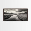 River Valley, Flowing Stream, Grassy Hills, Wilderness Calm, Framed Canvas Print, rustic home decor, Fall art, cabin wall landscape print