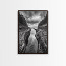 Rocky Waterway, Coastal Reflections, Dramatic Cloudscape, Ocean Nature Print, Framed Canvas Print, Bathroom Wall Art, Modern Rustic Style