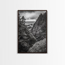 Rugged Ocean View, Coastal Forest, Black and White Mountains, Pacific Northwest Vibes, Framed Canvas Print, Den Wall Art, Moody Cabin Decor
