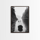 Driftwood Log, River Pass, Nature Silence, Misty Gorge, Framed Canvas Print, Office Wall Art, Modern Nature Decor, Moody Forest Style