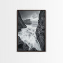 Stormy Coast, Crashing Waves, Ocean Drama, Framed Canvas Print, Living Room Wall Art, Bold Seascape Photography, Monochrome Modern Art