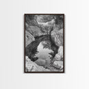 Reflective Rock Pool, Tranquil Nature, Monochrome Landscape, Black and White Framed Canvas Print, Minimalist Bathroom or Spa Wall Art