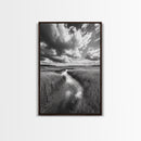 Marshland Stream, Dramatic Clouds, Nature Reflection, Canvas Print, Minimalist Landscape, Bathroom Art, Earthy Tones, Zen Mood