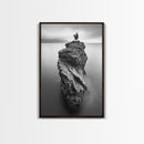 Solitary Cliff Tree, Calm Waters, Moody Horizon, Framed Canvas Print, Minimalist Nature Wall Art, Office Wall Decor, Zen Art