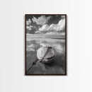 Washed buoy shore, coastal solitude, beach reflections, nautical simplicity, Framed Canvas Print, guest room art, seaside rustic wall decor