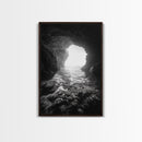 Sea Cave Entrance, Ocean Grotto, Light Escape, Rocky Tide, Canvas Print, Bathroom Wall Art, Black and White Seascape Photo