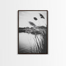 Reed Grass, Gentle Breeze, Black and White Nature, Canvas Print, Minimalist Wall Art, Tranquil Lake Scene, Bedroom Decor