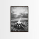 Beach bonfire moment, soft flame serenity, ocean dusk, coastal camp vibes, Framed Canvas Print, Fall decor, hygge inspired wall decor