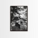 Tent, Beach, Sunset, Trees - Rustic camping coastal escape vibe, Framed Canvas Print, ideal bedroom or adventure nursery decor, outdoor art