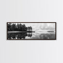 Reflected Pines, Quiet Lake, Forest Island, Calm Waters, Framed Canvas Print, Nature Photography, Minimal Wall Art, Office Decor