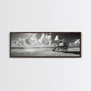 Lifeguard Tower Sky, Beach Scene Clouds, Surfside Minimalism, Framed Canvas Print, Bathroom Wall Art, Modern Coastal Decor