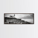 Classic Lighthouse Shore, Rocky Coastline Fog, Seaside Charm, Framed Canvas Print, Office Wall Art, New England Coastal Decor