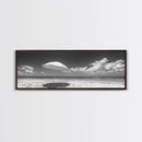 Beach Umbrella, Sunny Sky, Ocean Escape, Seaside Shade, Framed Canvas Print, Summer Wall Art, Bathroom Decor, Minimalist Coastal Style