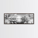Mountain Reflections, Nature Panorama, Black and White Landscape, Framed Canvas Print, Living Room Wall Art, Modern Wilderness Decor