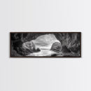 Sea Cave View, Coastal Rock Art, Monochrome Seascape, Framed Canvas Print, Bathroom Wall Art, Nature Photography, Moody Ocean Decor
