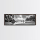Misty Coastline, Dramatic Shore, Moody Ocean Scene, Framed Canvas Print, Coastal Living Room Art, Black and White Nature Decor