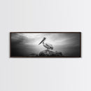 Coastal Pelican, Ocean Rock, Tranquil Wildlife Scene, Framed Canvas Print, Beach House Wall Art, Seaside Nature Decor, Moody Tones