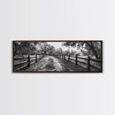 Tree Tunnel, Country Path, Fence Shadows, Framed Canvas Print, Black and White Nature Art, Rustic Wall Art, Autumn Entryway Decor