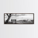 Quiet Lake Bench, Peaceful Reflection, Nature Photography, Framed Canvas Print, Serene Bedroom Decor, Minimalist Living Room Wall Art