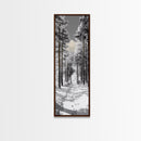 Snow Path, Winter Forest, Frosty Pines, Silent Trail, Framed Canvas Print, Christmas Wall Art, Cabin Decor, Nordic Winter Scene