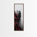 Misty Cliffs, Pink Blossoms, Zen Mountains, Dreamy Fog, Framed Canvas Print, boho wall art, meditation space, nature fantasy decor