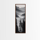 Foggy Mountains, Pine Forest, Valley Mist, Calm Landscape, Canvas Print, entryway wall art, cozy cabin vibes, grayscale art style