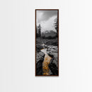 Mountain Creek Flow, Moody Nature Stream, Rustic Adventure Scene, Canvas Print, Autumn Forest Wall Art, Lodge Style Bedroom Decor