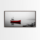 Red Boat, Calm Water, Minimalist Decor, Ocean Scene, Living Room Wall Art, Coastal Style, Canvas Print, Modern Nautical, Serene Landscape