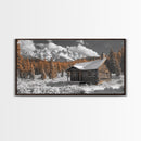Snowy Cabin, Winter Landscape, Mountain Lodge, Rustic Retreat, Framed Canvas Print, Cozy Wall Art, Cabin Living, Holiday Decor