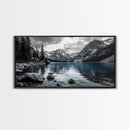 Tranquil Lake, Mountain View, Nature Calm, Winter Reflections, Framed Canvas Print, Living Room Wall Art, Serene Landscape Photography