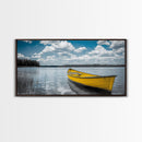 Yellow Rowboat, Calm Waters, Blue Sky, Sunny Lake – Framed Canvas Print, Summer Wall Art, Coastal Decor, Modern Nautical Style