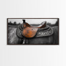 Western Saddle, Leather Detail, Horseback Art, Rustic Charm, Framed Canvas Print, Cowboy Wall Art, Farmhouse Decor, Equestrian Living Room