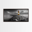 Yellow Lighthouse, Stone Jetty, Coastal Clouds, Nautical Scene, Framed Canvas Print, Coastal Wall Art, Office Decor, Lighthouse Photography