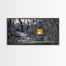 Lantern In Woods, Vintage Glow Light, Rustic Forest Scene, Canvas Print, Cabin Wall Art, Autumn Evening Mood, Minimalist Nature Decor