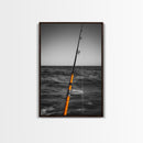 Fishing Pole, Ocean Rod, Angler Focus, Sea Horizon, Framed Canvas Print, Man Cave Wall Art, Sport Fishing Decor, Coastal Style Art