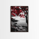 Red Leaves, Dramatic Coast, Ocean Horizon, Canvas Print, Autumn Coastal Wall Art, Bold Nature Photography, Moody Fall Decor, Beach Theme
