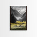 Yellow Meadow Valley, Foggy Mountain Scene, Serene Landscape Photography, Framed Canvas Print, Nature Lover Living Room Wall Art