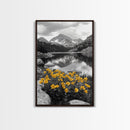 Yellow Wildflowers Lake, Alpine Meadow, Monochrome Landscape, Canvas Print, Kitchen Wall Art, Spring Nature Photography Decor