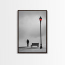Red Street Lamp, Snowy Walkway, Silhouette Scene, Framed Canvas Print, Moody Wall Art, Minimalist Decor, Winter Vibes, Bedroom Accent