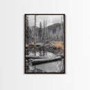 Forest Pond, Moody Woods, Black and White, Autumn Grass, Framed Canvas Print rustic cabin art, nature wall decor, woodland living room art